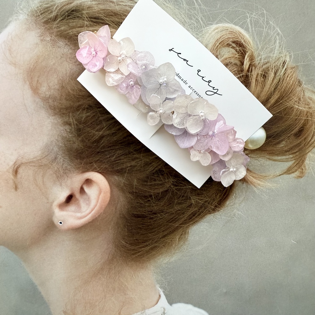 no.191 パステルライラックmixの紫陽花ヘアバレッタ 本物のお花 アジサイ パール ヘアアクセサリー 髪留め 浴衣 着物
