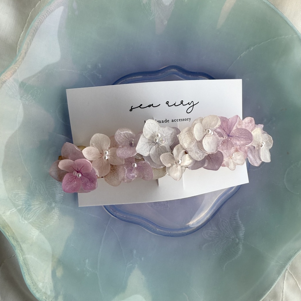 no.191 パステルライラックmixの紫陽花ヘアバレッタ 本物のお花 アジサイ パール ヘアアクセサリー 髪留め 浴衣 着物