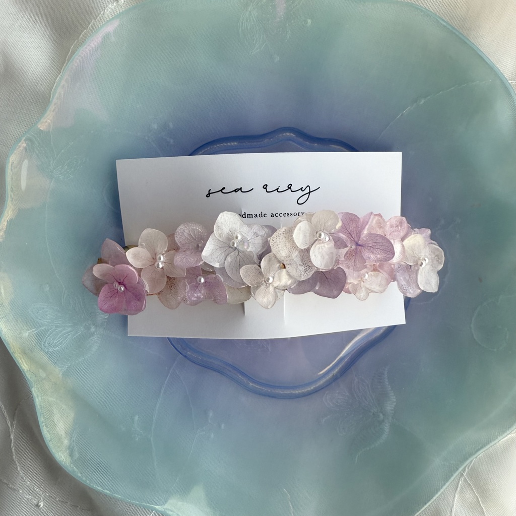 no.191 パステルライラックmixの紫陽花ヘアバレッタ 本物のお花 アジサイ パール ヘアアクセサリー 髪留め 浴衣 着物