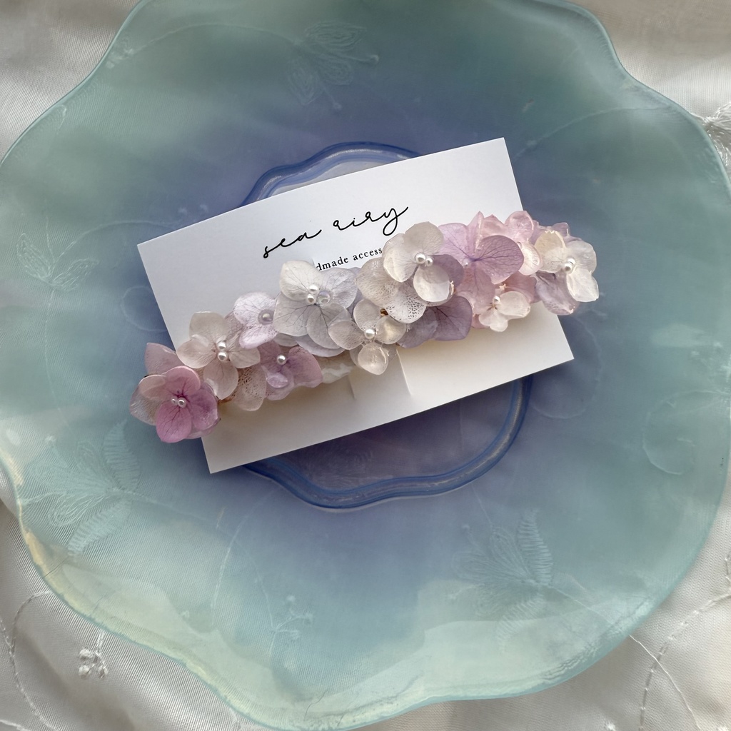 no.191 パステルライラックmixの紫陽花ヘアバレッタ 本物のお花 アジサイ パール ヘアアクセサリー 髪留め 浴衣 着物