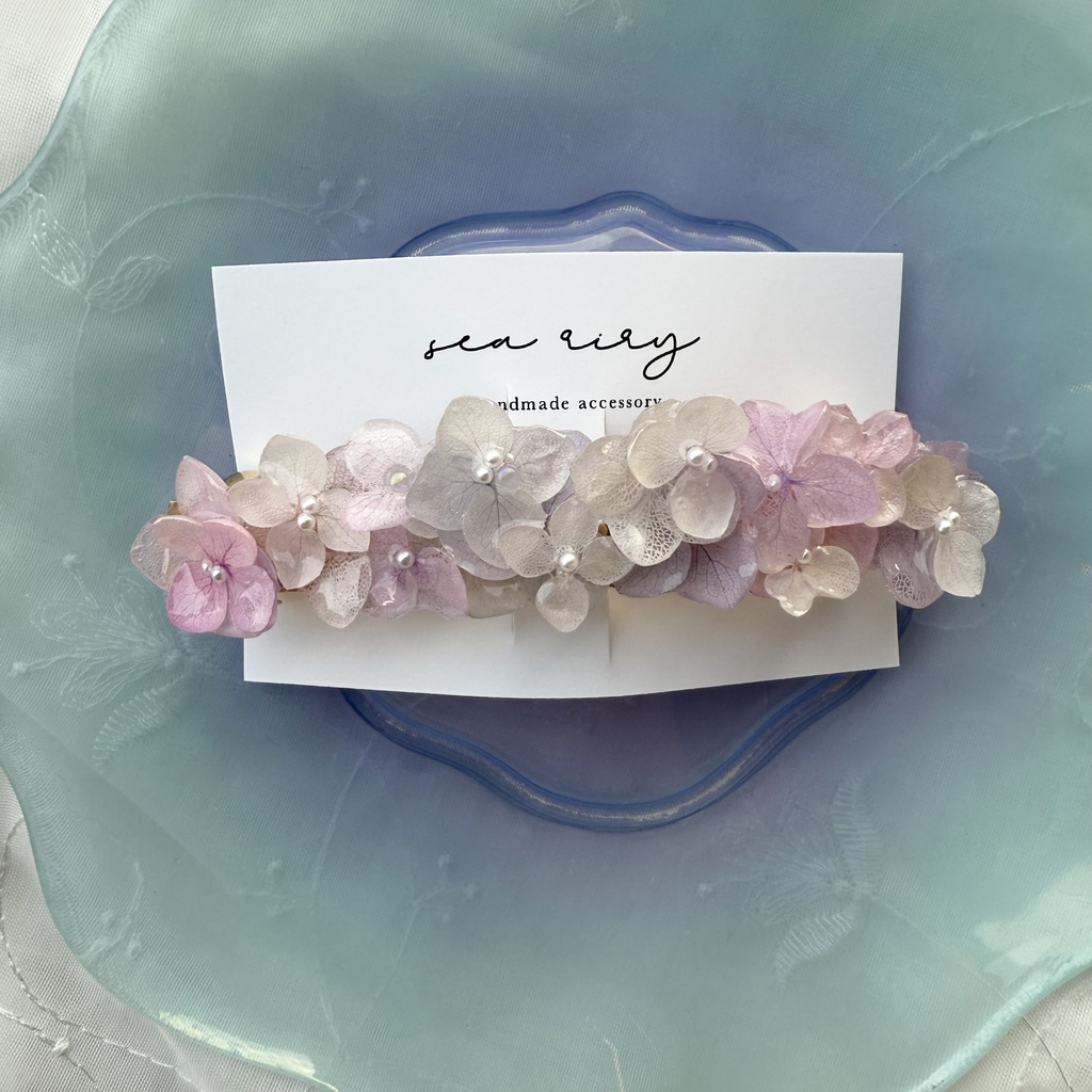 no.191 パステルライラックmixの紫陽花ヘアバレッタ 本物のお花 アジサイ パール ヘアアクセサリー 髪留め 浴衣 着物