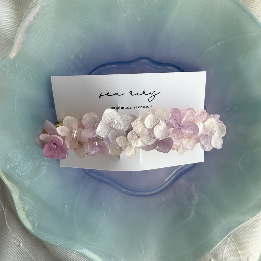 no.191 パステルライラックmixの紫陽花ヘアバレッタ 本物のお花 アジサイ パール ヘアアクセサリー 髪留め 浴衣 着物