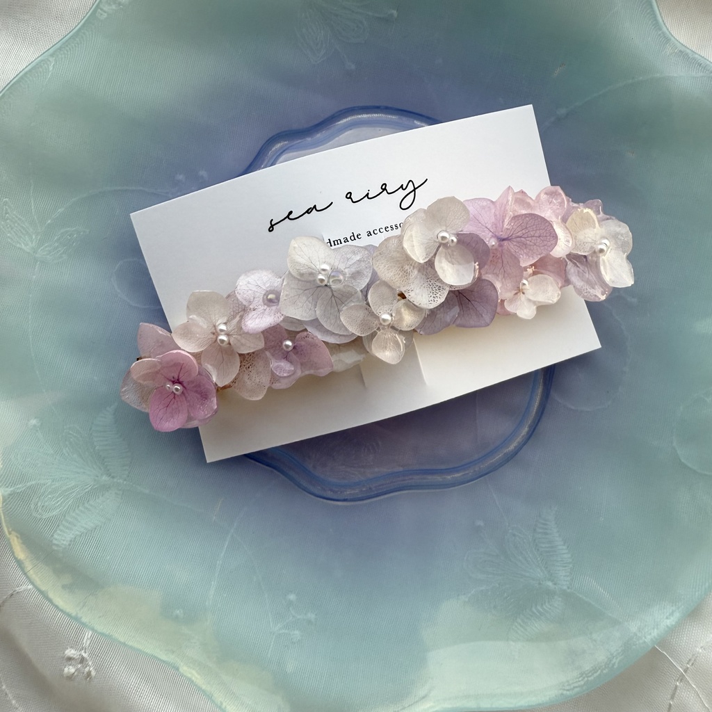 no.191 パステルライラックmixの紫陽花ヘアバレッタ 本物のお花 アジサイ パール ヘアアクセサリー 髪留め 浴衣 着物