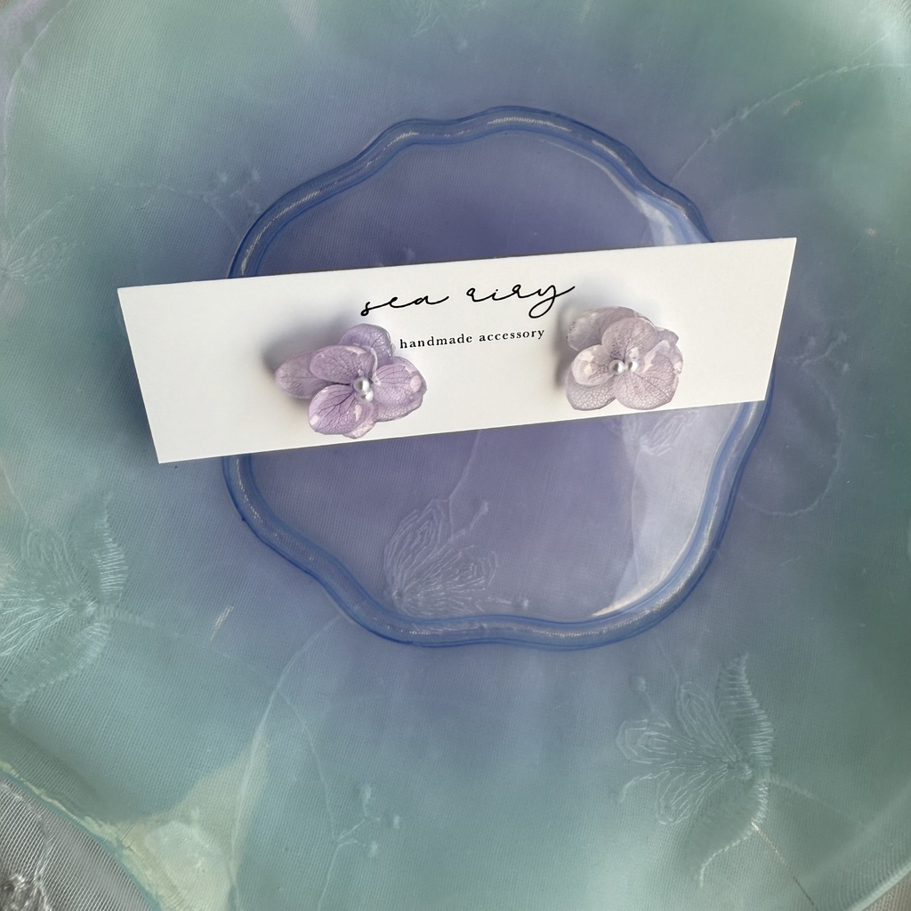 no.194 ちいさなお花のピアス 本物のお花 紫陽花 アジサイ パール パステルライラック パープル ステンレス ピアス