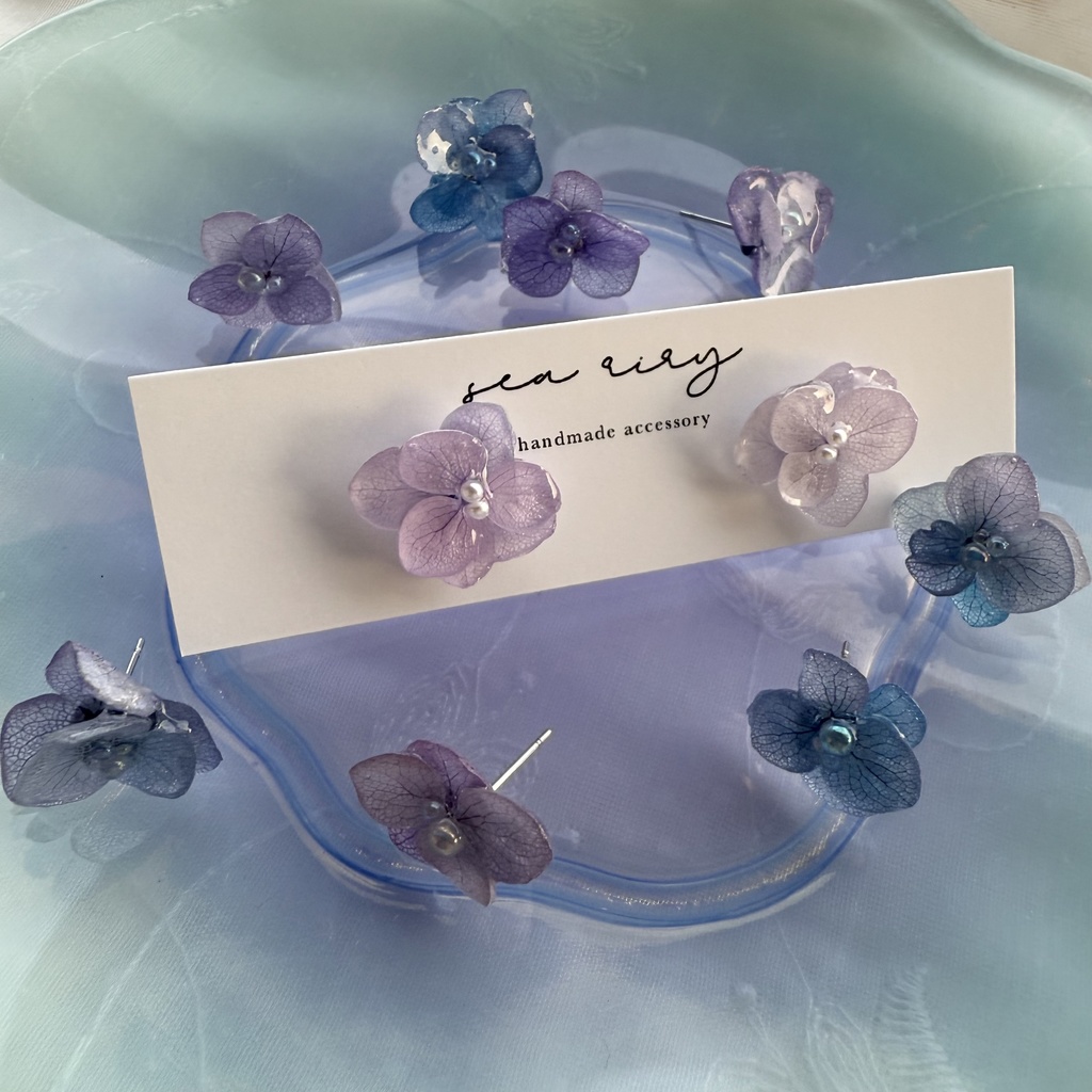 no.194 ちいさなお花のピアス 本物のお花 紫陽花 アジサイ パール パステルライラック パープル ステンレス ピアス