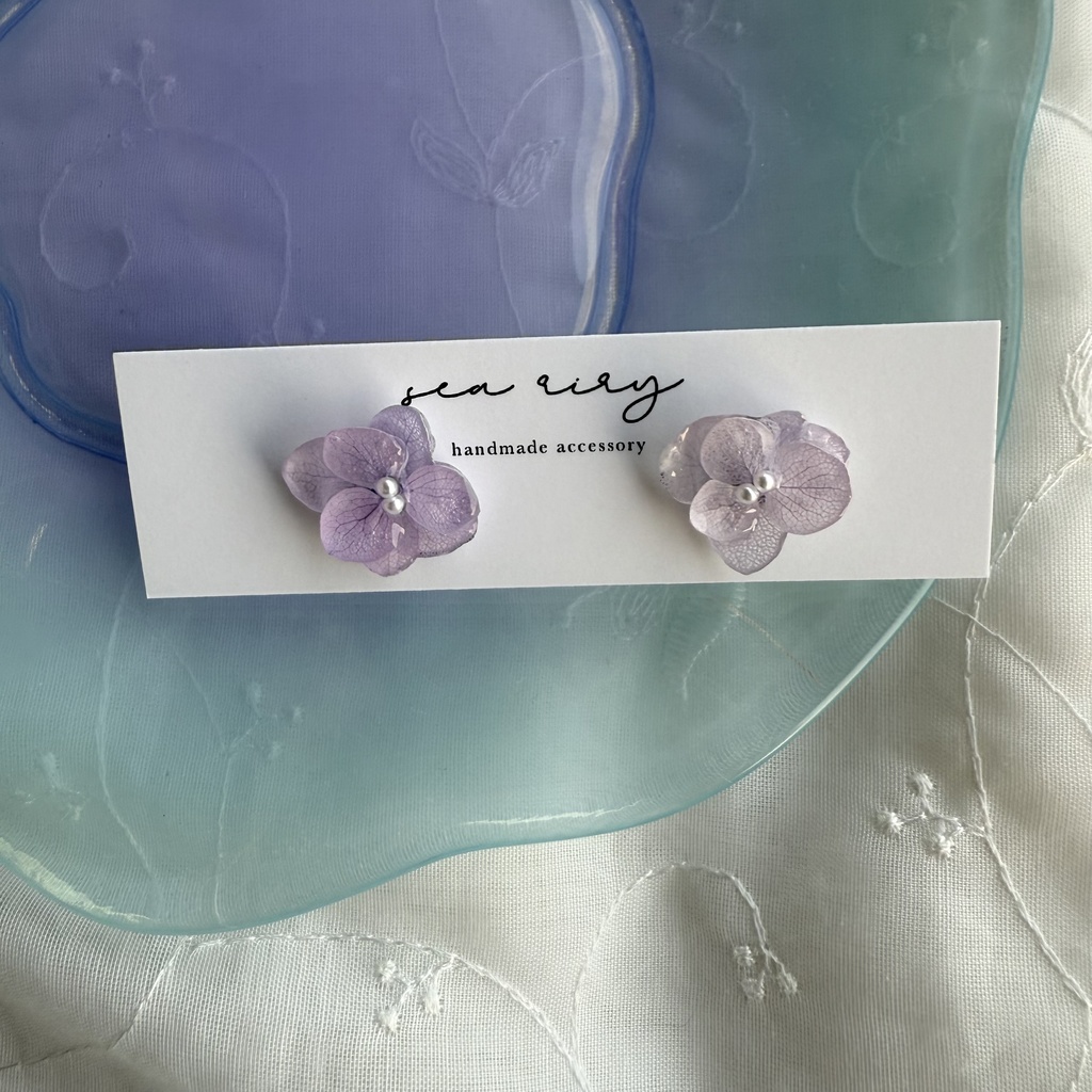 no.194 ちいさなお花のピアス 本物のお花 紫陽花 アジサイ パール パステルライラック パープル ステンレス ピアス