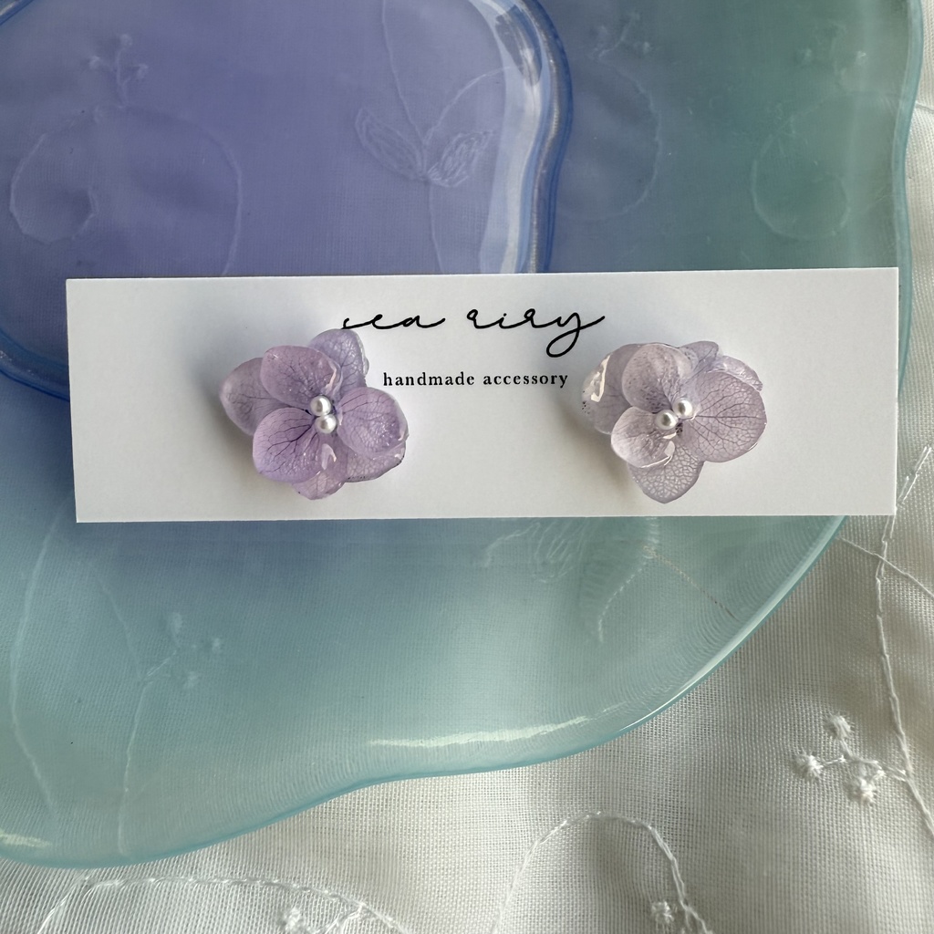 no.194 ちいさなお花のピアス 本物のお花 紫陽花 アジサイ パール パステルライラック パープル ステンレス ピアス