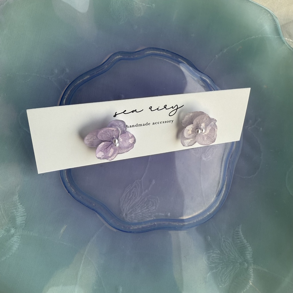 no.194 ちいさなお花のピアス 本物のお花 紫陽花 アジサイ パール パステルライラック パープル ステンレス ピアス