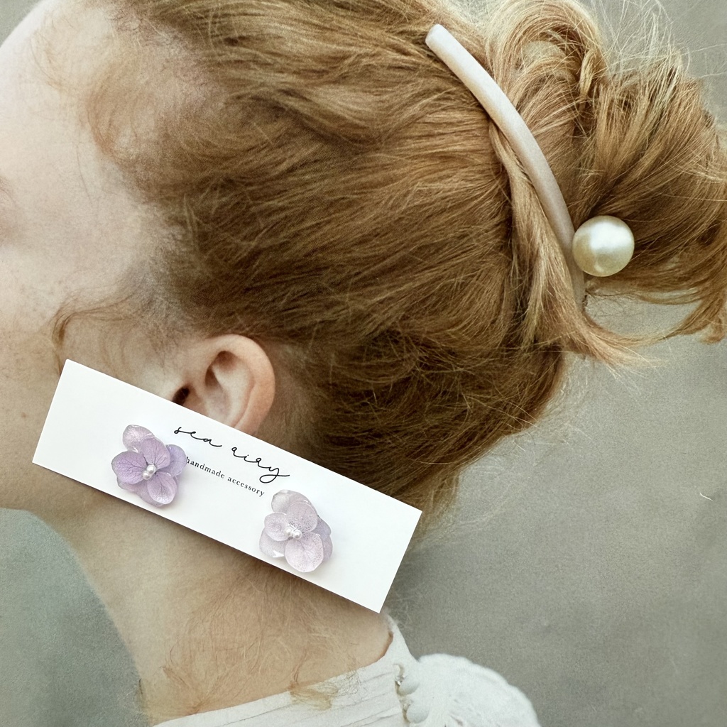 no.194 ちいさなお花のピアス 本物のお花 紫陽花 アジサイ パール パステルライラック パープル ステンレス ピアス