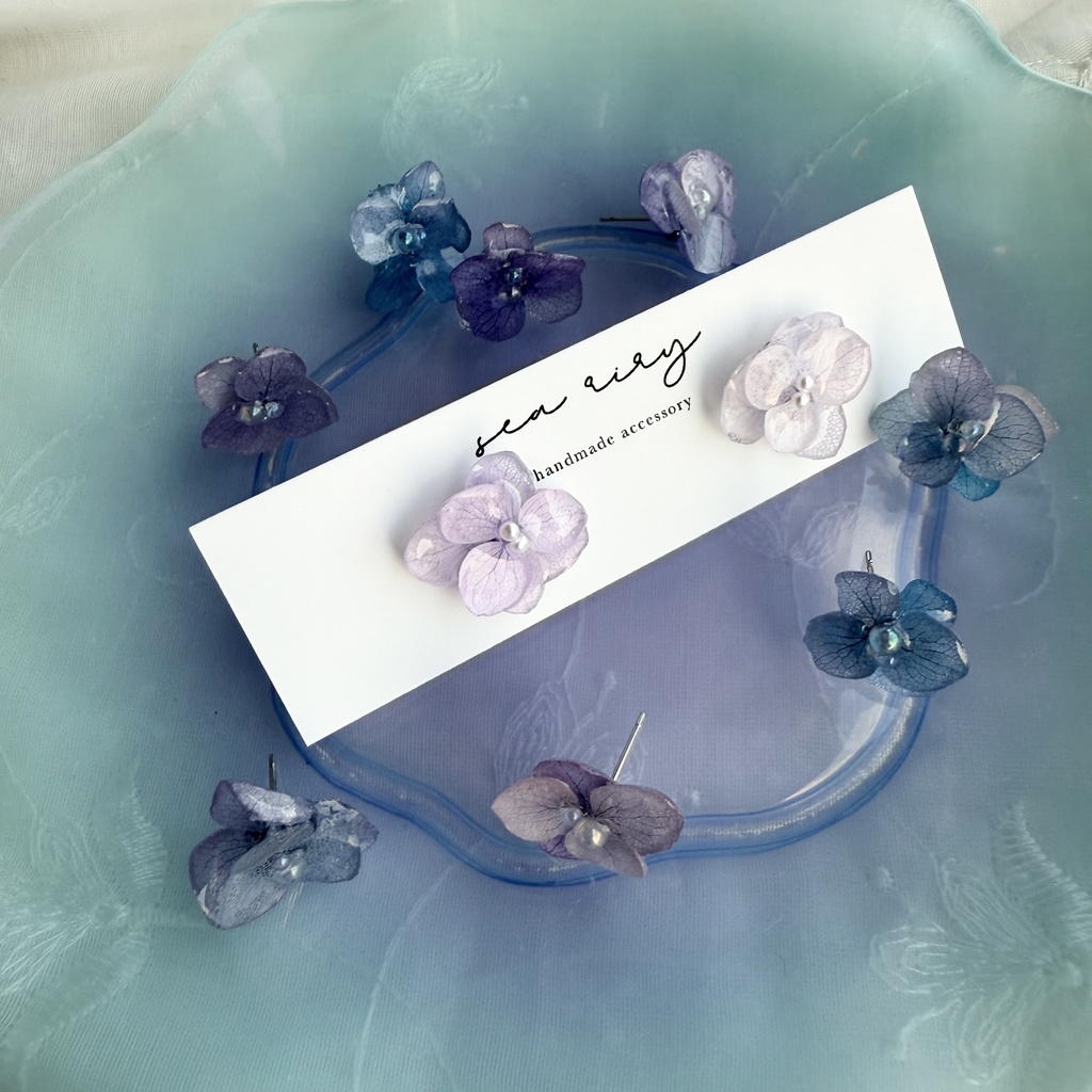 no.194 ちいさなお花のピアス 本物のお花 紫陽花 アジサイ パール パステルライラック パープル ステンレス ピアス