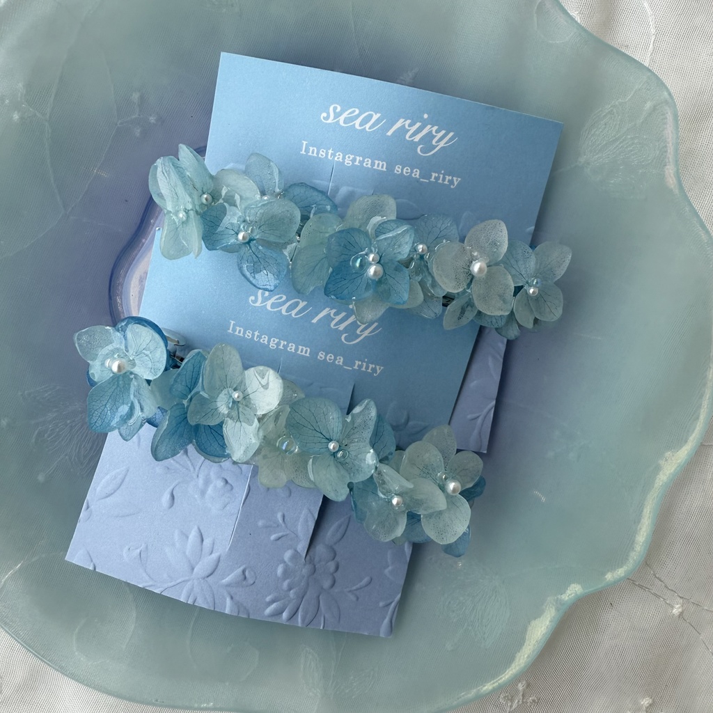 no.196 再販 ブルーグラデの紫陽花ヘアバレッタ 本物のお花 紫陽花 アジサイ ブルー ヘアバレッタ 髪飾り 浴衣 着物