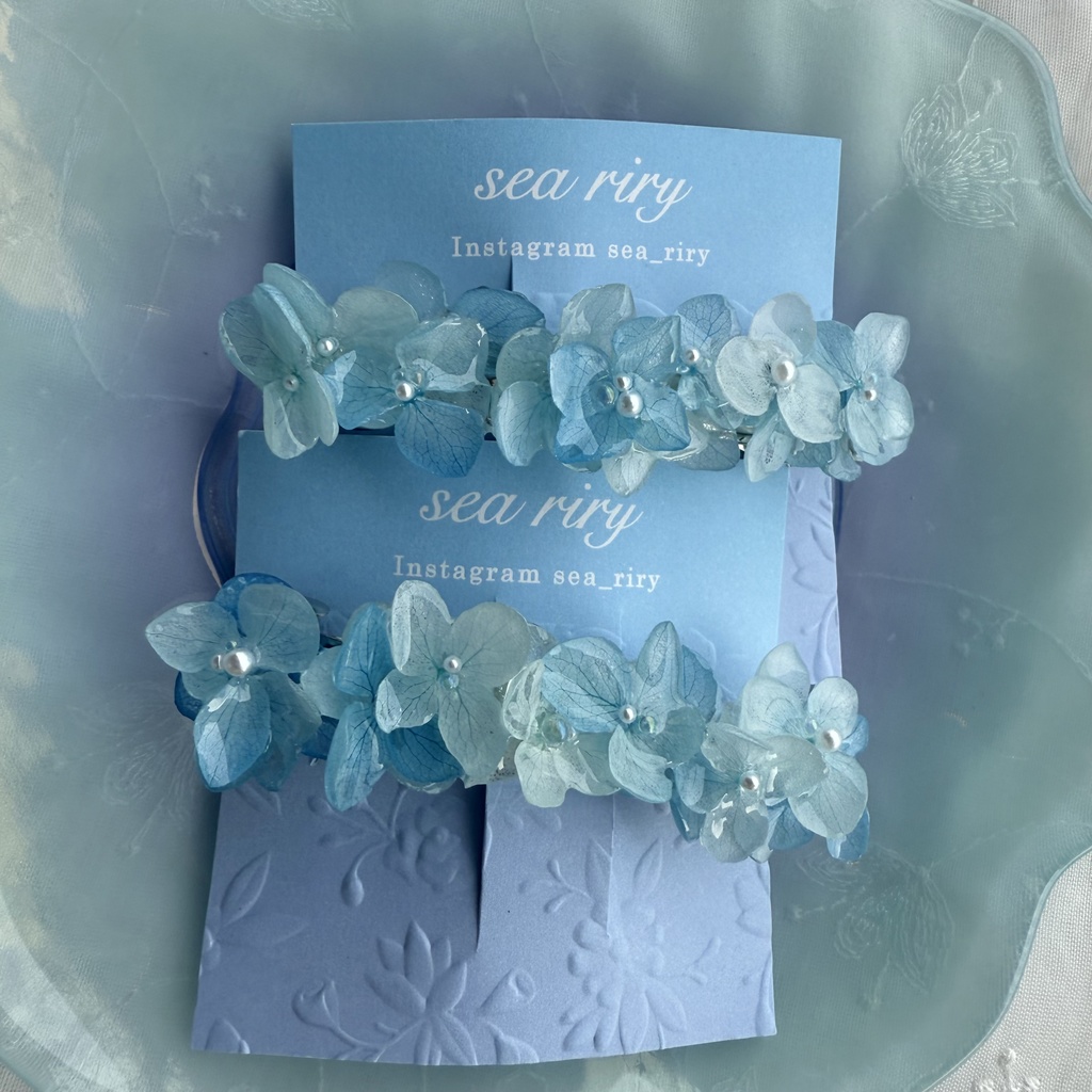 no.196 再販 ブルーグラデの紫陽花ヘアバレッタ 本物のお花 紫陽花 アジサイ ブルー ヘアバレッタ 髪飾り 浴衣 着物