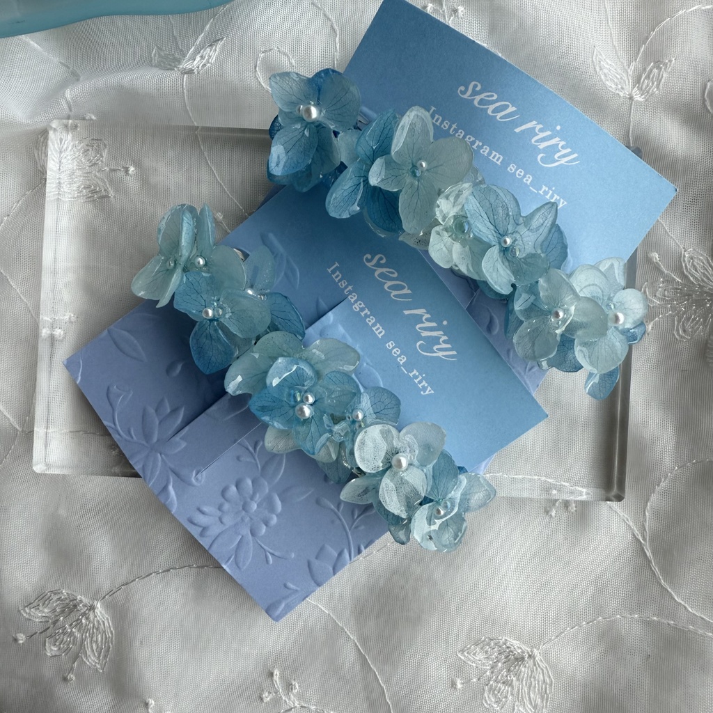 no.196 再販 ブルーグラデの紫陽花ヘアバレッタ 本物のお花 紫陽花 アジサイ ブルー ヘアバレッタ 髪飾り 浴衣 着物