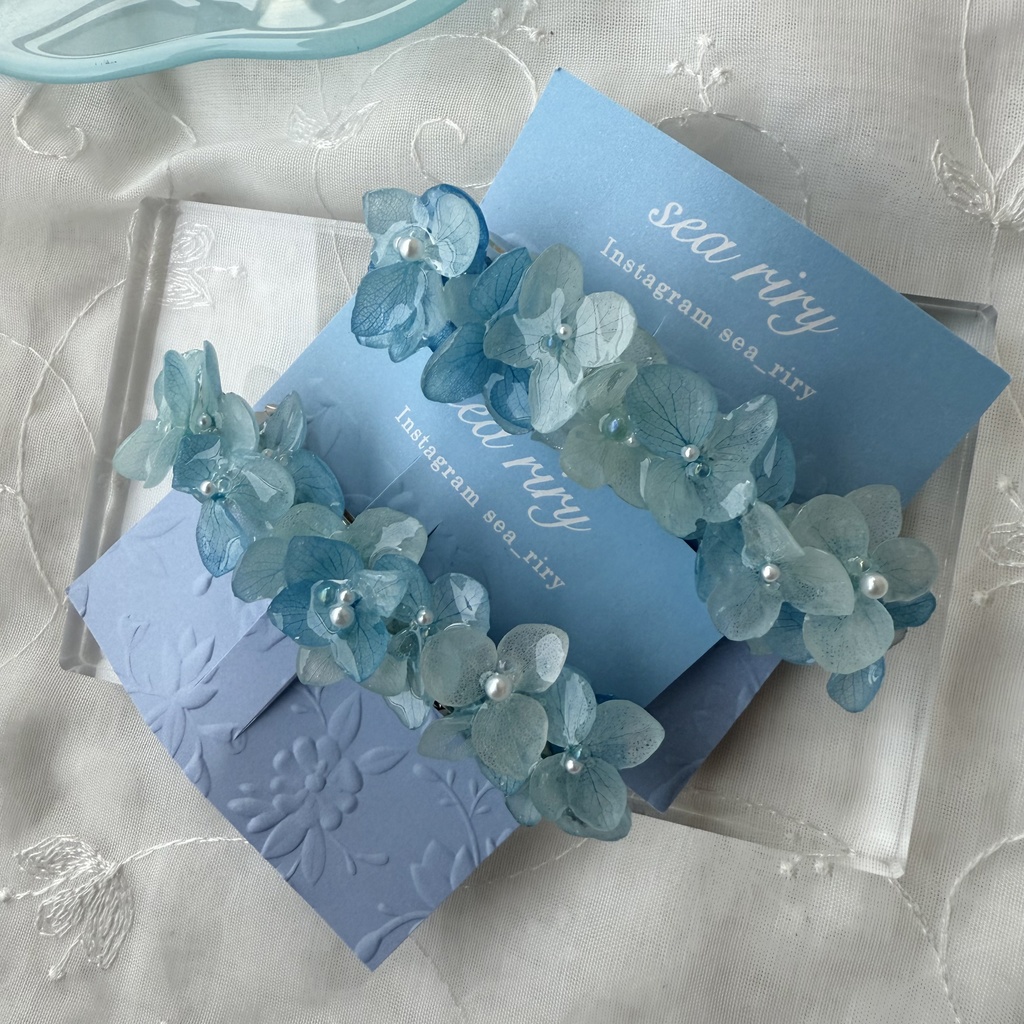 no.196 再販 ブルーグラデの紫陽花ヘアバレッタ 本物のお花 紫陽花 アジサイ ブルー ヘアバレッタ 髪飾り 浴衣 着物