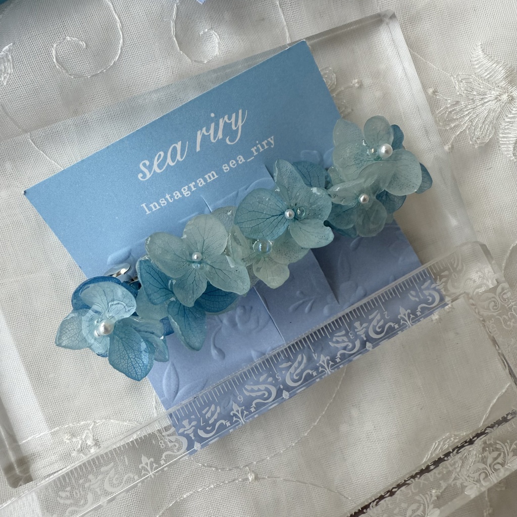 no.196 再販 ブルーグラデの紫陽花ヘアバレッタ 本物のお花 紫陽花 アジサイ ブルー ヘアバレッタ 髪飾り 浴衣 着物