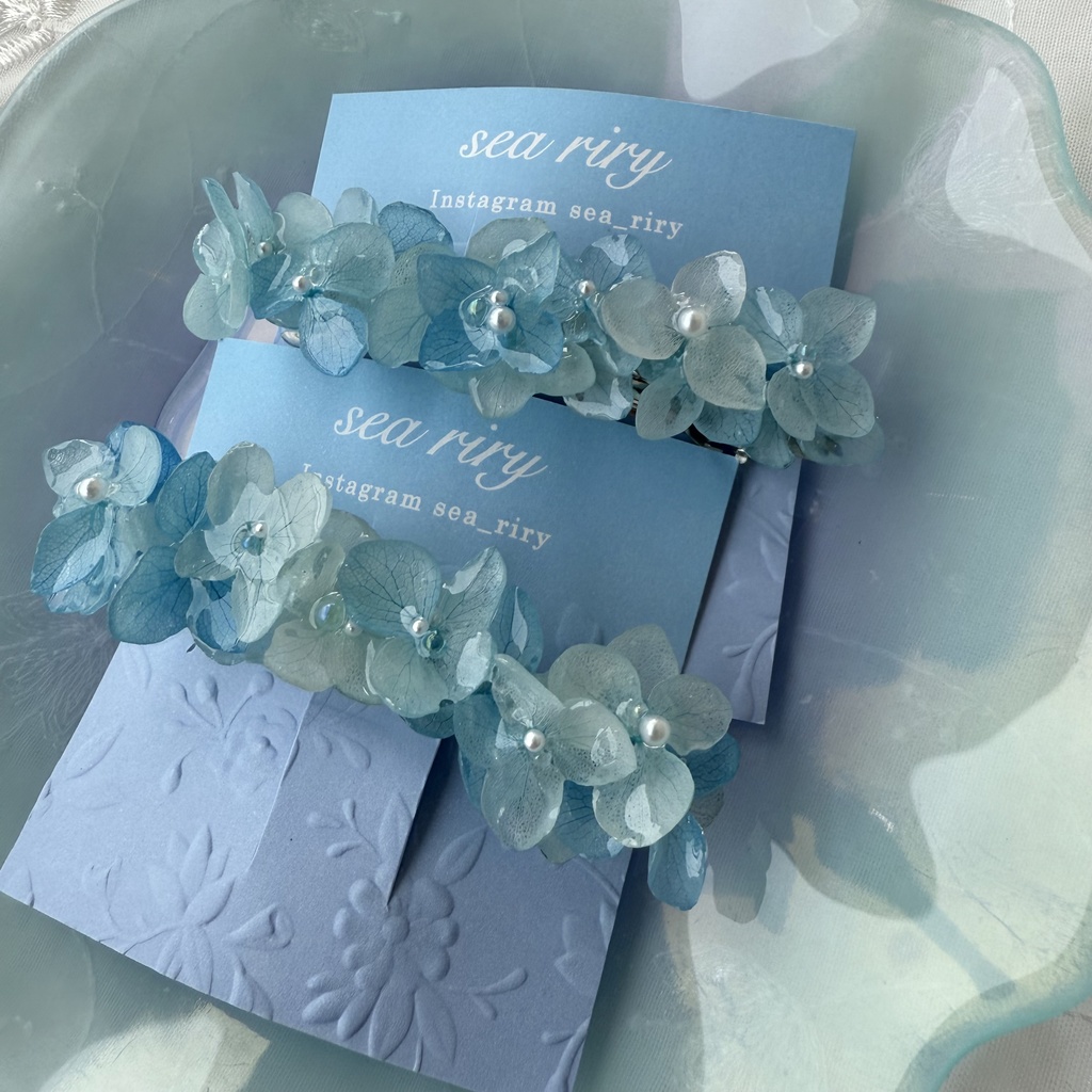 no.196 再販 ブルーグラデの紫陽花ヘアバレッタ 本物のお花 紫陽花 アジサイ ブルー ヘアバレッタ 髪飾り 浴衣 着物