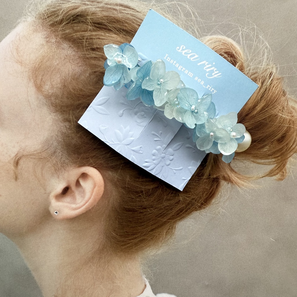 no.196 再販 ブルーグラデの紫陽花ヘアバレッタ 本物のお花 紫陽花 アジサイ ブルー ヘアバレッタ 髪飾り 浴衣 着物