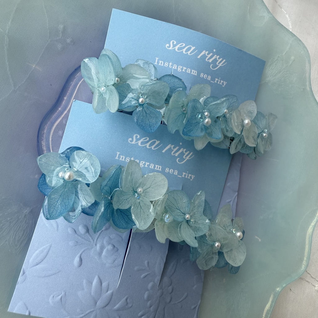 no.196 再販 ブルーグラデの紫陽花ヘアバレッタ 本物のお花 紫陽花 アジサイ ブルー ヘアバレッタ 髪飾り 浴衣 着物