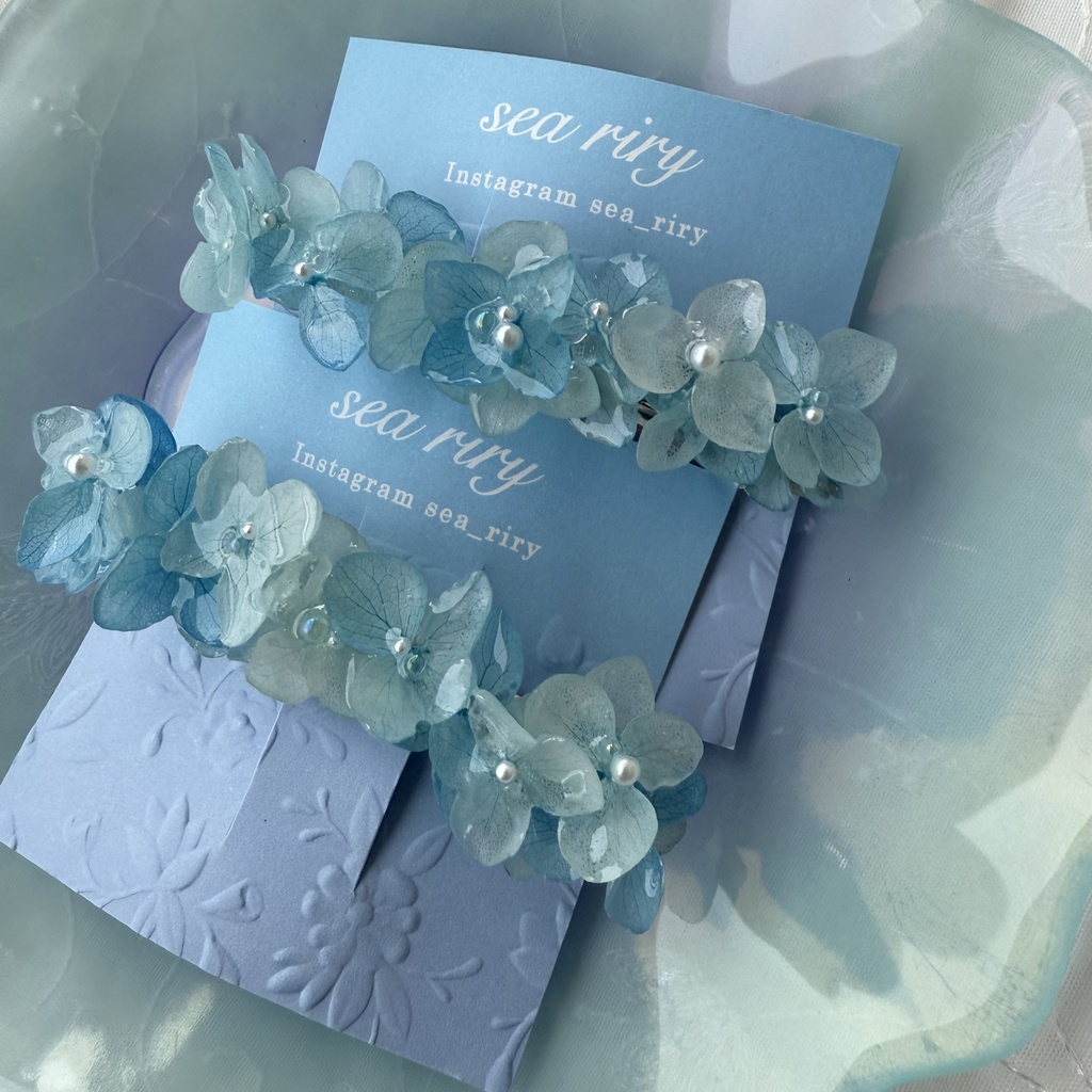 no.196 再販 ブルーグラデの紫陽花ヘアバレッタ 本物のお花 紫陽花 アジサイ ブルー ヘアバレッタ 髪飾り 浴衣 着物