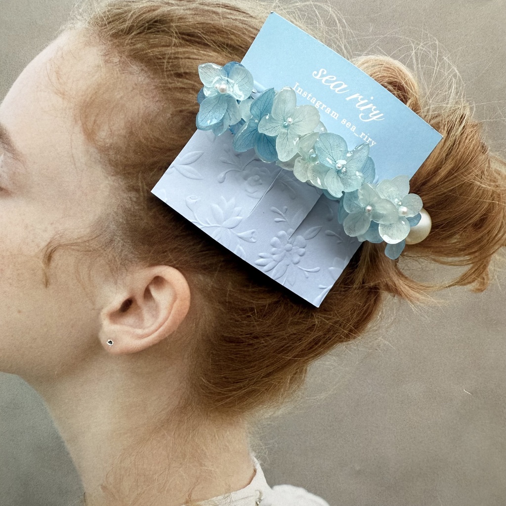 no.196 再販 ブルーグラデの紫陽花ヘアバレッタ 本物のお花 紫陽花 アジサイ ブルー ヘアバレッタ 髪飾り 浴衣 着物