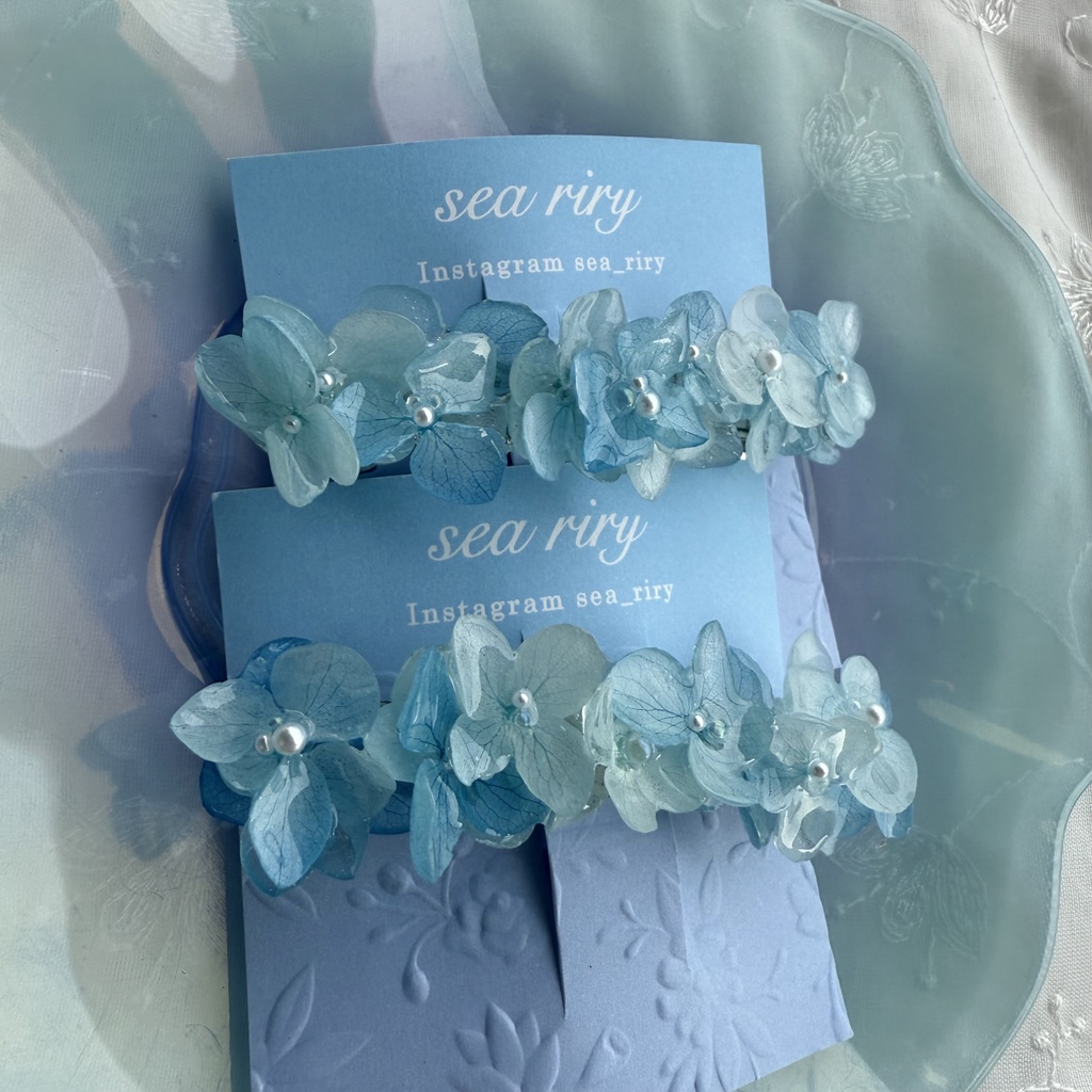 no.196 再販 ブルーグラデの紫陽花ヘアバレッタ 本物のお花 紫陽花 アジサイ ブルー ヘアバレッタ 髪飾り 浴衣 着物