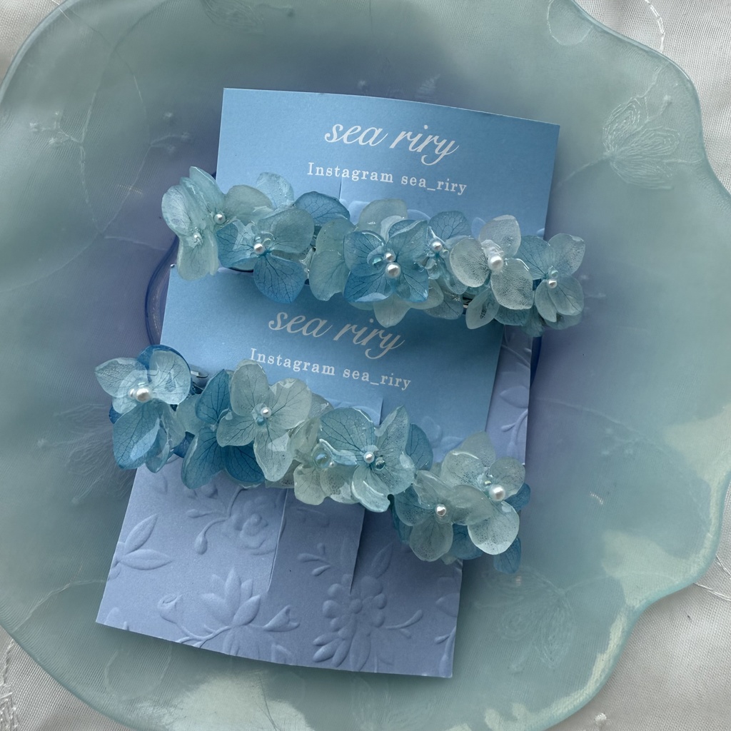 no.196 再販 ブルーグラデの紫陽花ヘアバレッタ 本物のお花 紫陽花 アジサイ ブルー ヘアバレッタ 髪飾り 浴衣 着物