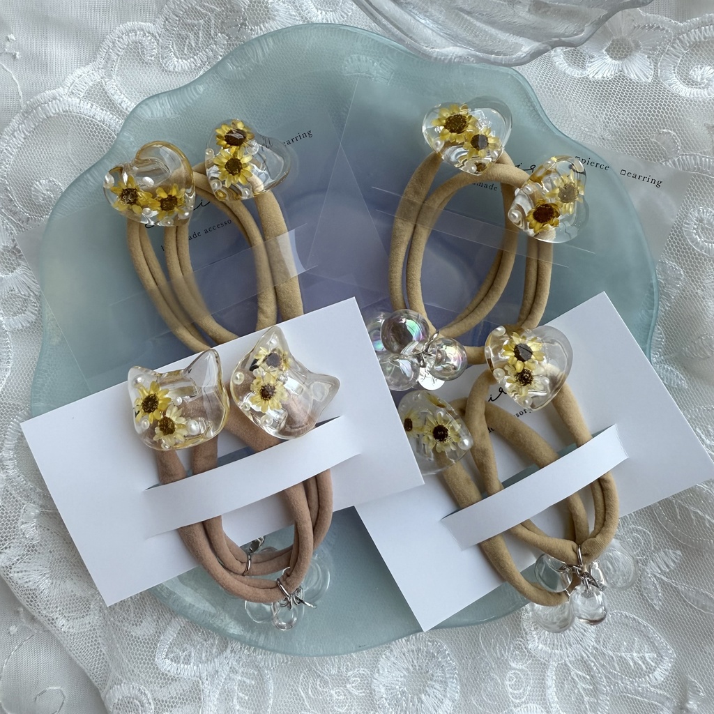 no.202 向日葵のハートヘアゴム ひまわり 向日葵 スターフラワー ハート パール ヘアアクセサリー ヘアゴム キッズ