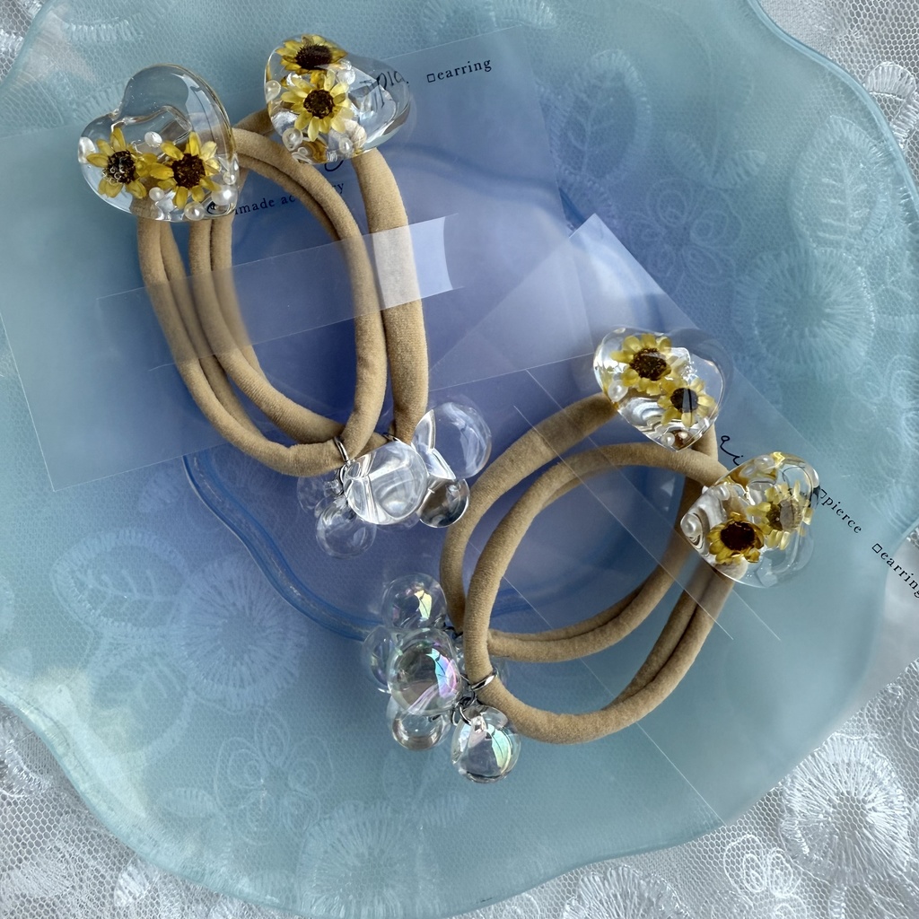 no.202 向日葵のハートヘアゴム ひまわり 向日葵 スターフラワー ハート パール ヘアアクセサリー ヘアゴム キッズ