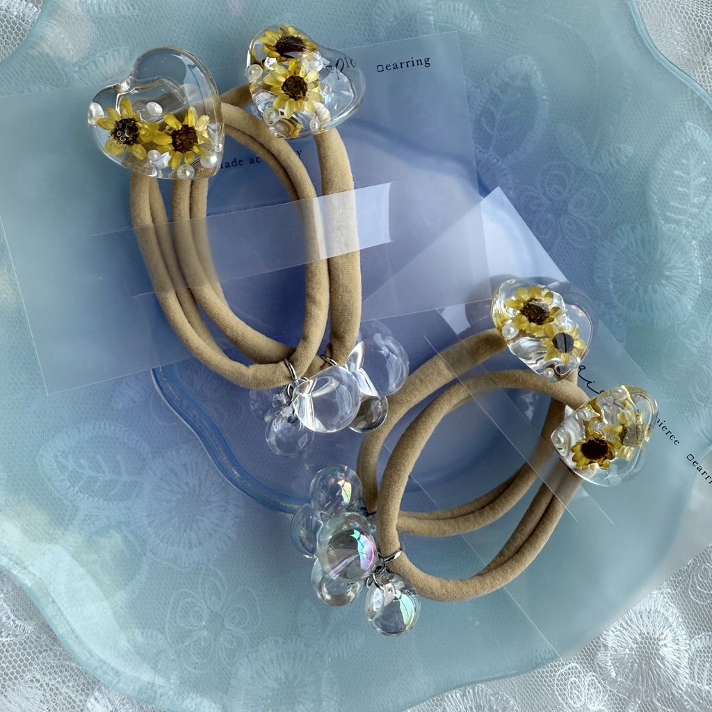 no.202 向日葵のハートヘアゴム ひまわり 向日葵 スターフラワー ハート パール ヘアアクセサリー ヘアゴム キッズ