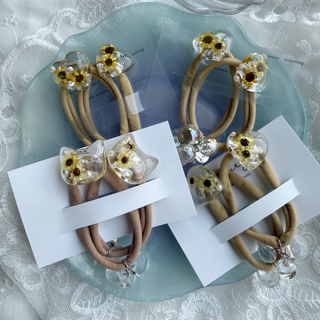 no.202 向日葵のハートヘアゴム ひまわり 向日葵 スターフラワー ハート パール ヘアアクセサリー ヘアゴム キッズ