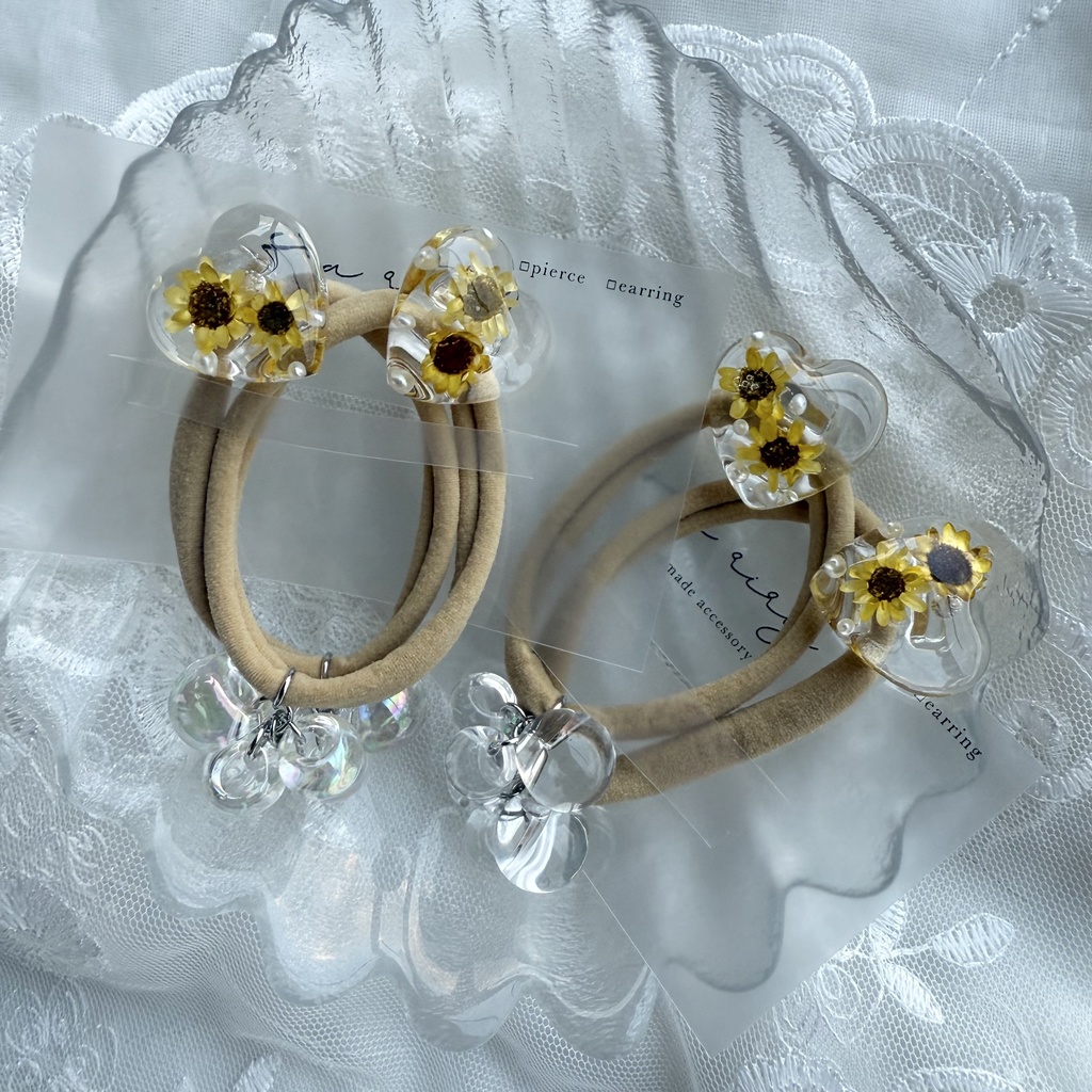 no.202 向日葵のハートヘアゴム ひまわり 向日葵 スターフラワー ハート パール ヘアアクセサリー ヘアゴム キッズ