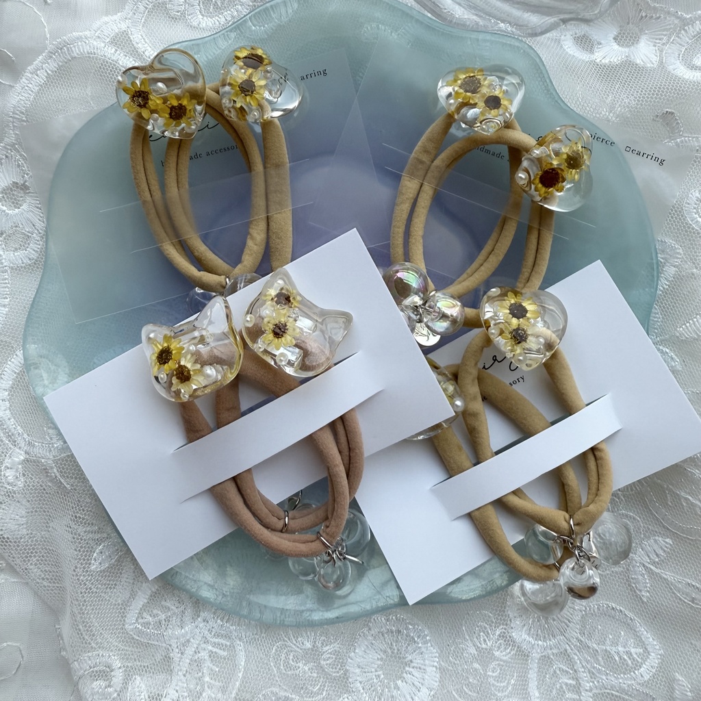 no.202 向日葵のハートヘアゴム ひまわり 向日葵 スターフラワー ハート パール ヘアアクセサリー ヘアゴム キッズ