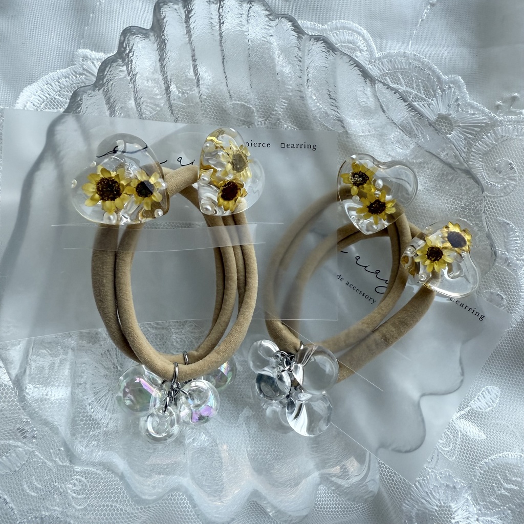 no.202 向日葵のハートヘアゴム ひまわり 向日葵 スターフラワー ハート パール ヘアアクセサリー ヘアゴム キッズ