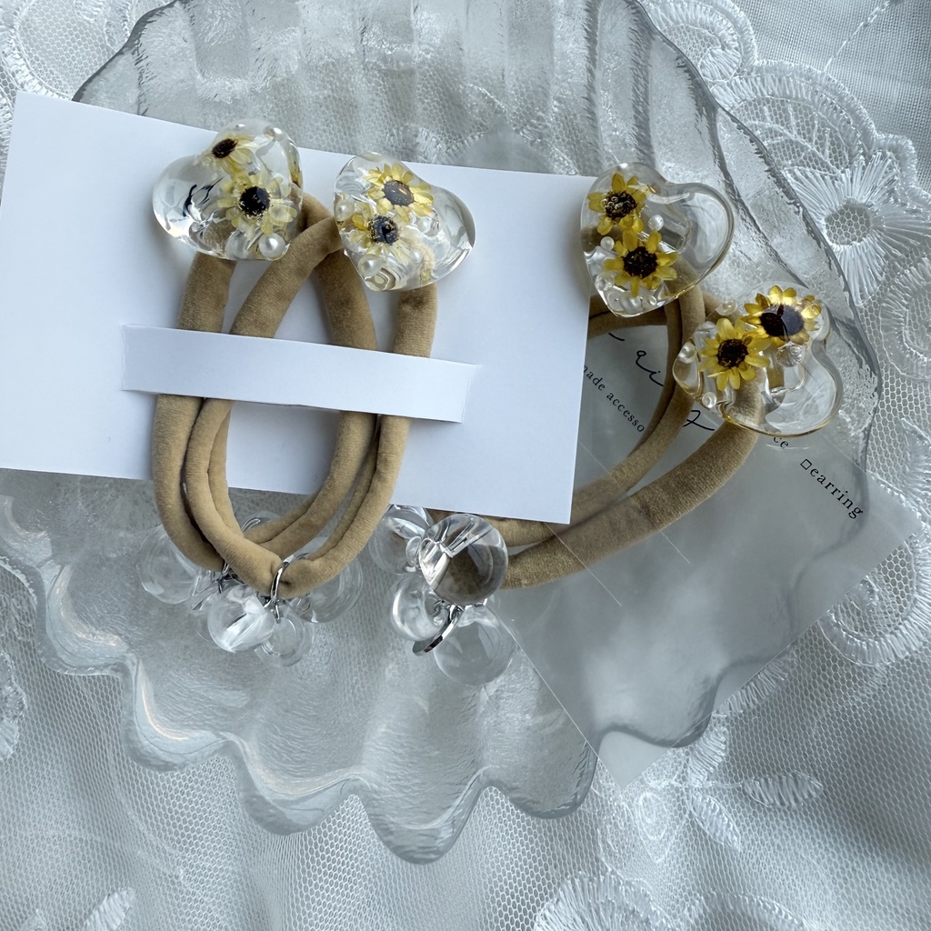 no.202 向日葵のハートヘアゴム ひまわり 向日葵 スターフラワー ハート パール ヘアアクセサリー ヘアゴム キッズ