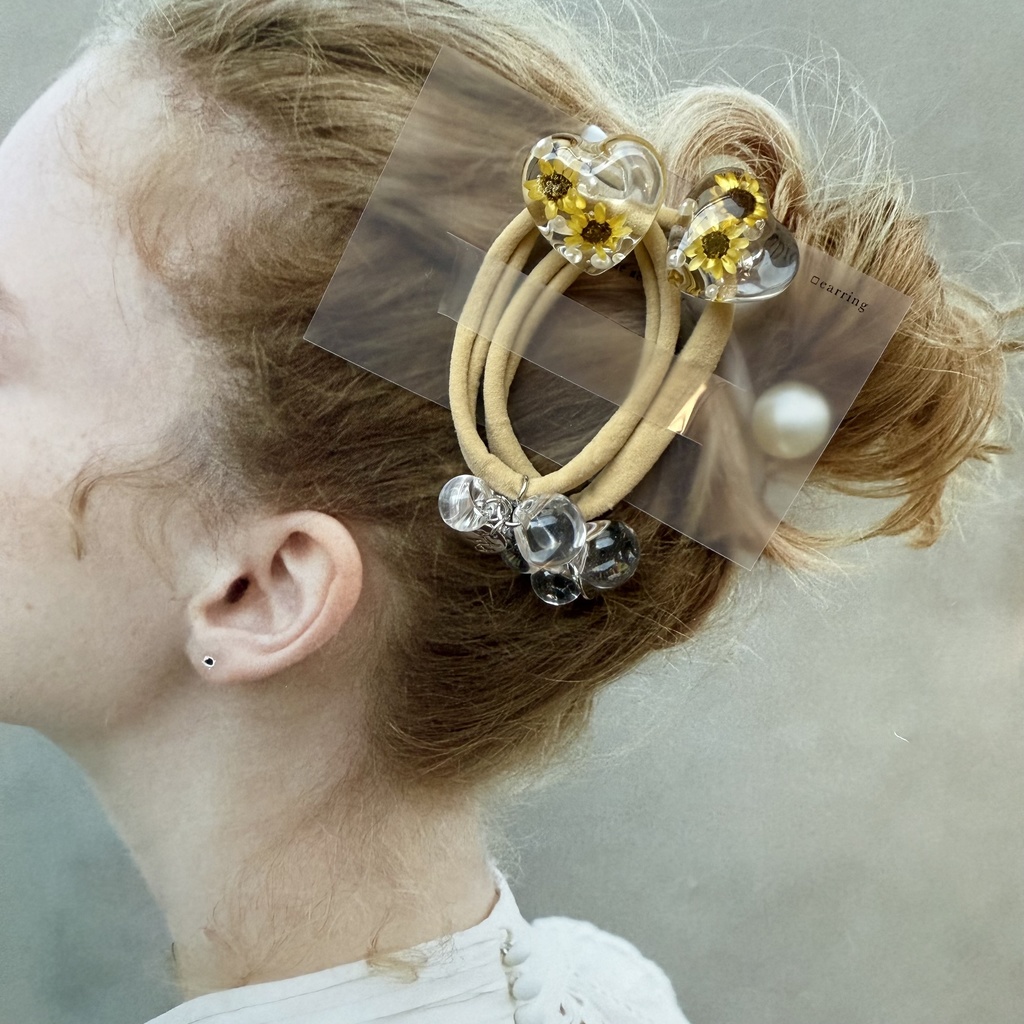 no.202 向日葵のハートヘアゴム ひまわり 向日葵 スターフラワー ハート パール ヘアアクセサリー ヘアゴム キッズ