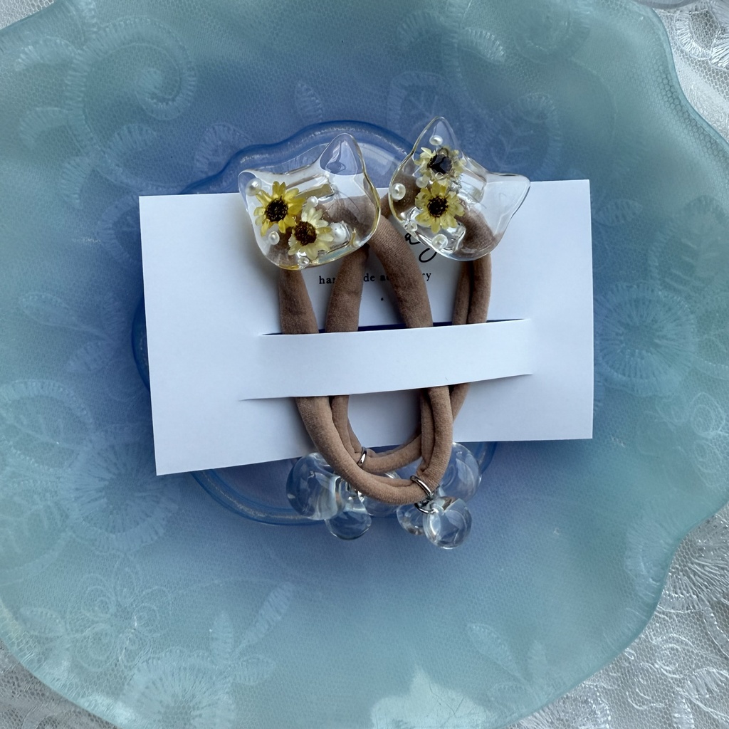 no.203 向日葵のねこちゃんヘアゴム ひまわり 猫 ねこちゃん 向日葵 パール ヘアアクセサリー ヘアゴム