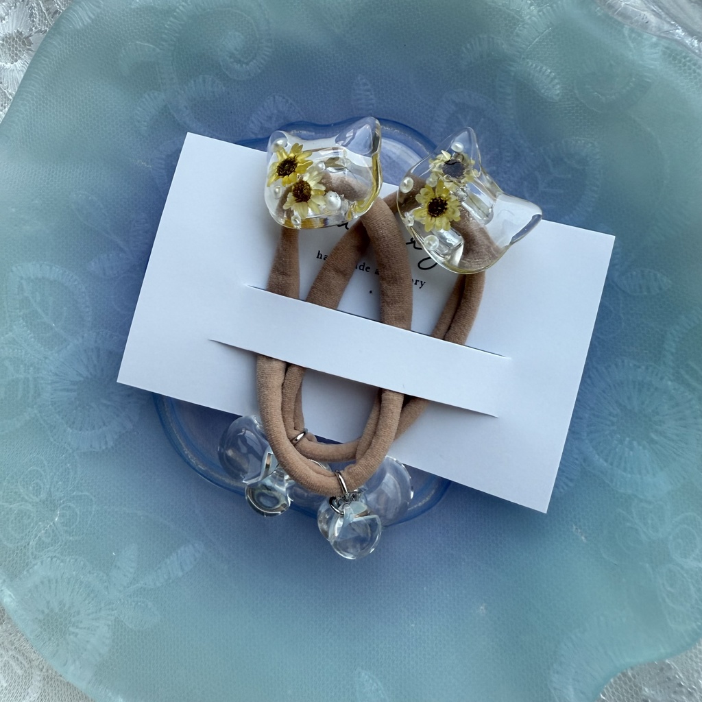 no.203 向日葵のねこちゃんヘアゴム ひまわり 猫 ねこちゃん 向日葵 パール ヘアアクセサリー ヘアゴム