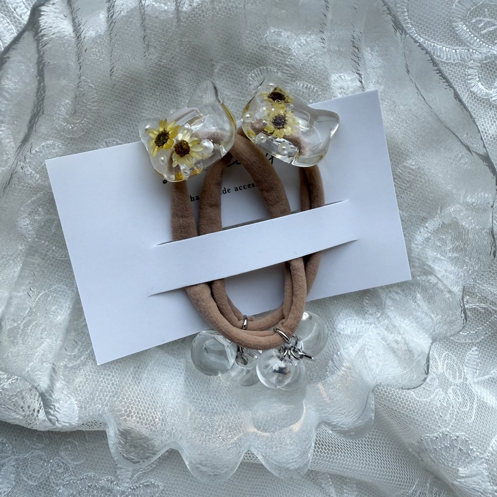 no.203 向日葵のねこちゃんヘアゴム ひまわり 猫 ねこちゃん 向日葵 パール ヘアアクセサリー ヘアゴム