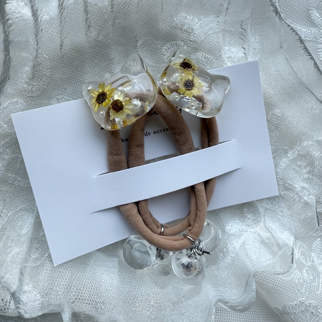 no.203 向日葵のねこちゃんヘアゴム ひまわり 猫 ねこちゃん 向日葵 パール ヘアアクセサリー ヘアゴム