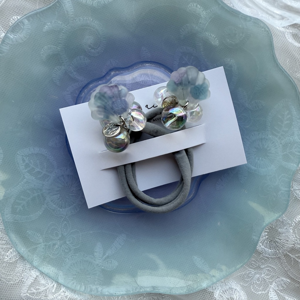 no.204 再販 マーメイドなヘアゴム 紫陽花 シェル 人魚姫 オーロラ 鈴丸ビーズ ヘアアクセサリー ヘアゴム