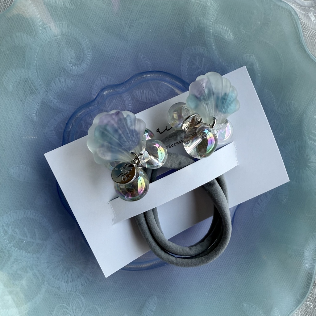 no.204 再販 マーメイドなヘアゴム 紫陽花 シェル 人魚姫 オーロラ 鈴丸ビーズ ヘアアクセサリー ヘアゴム