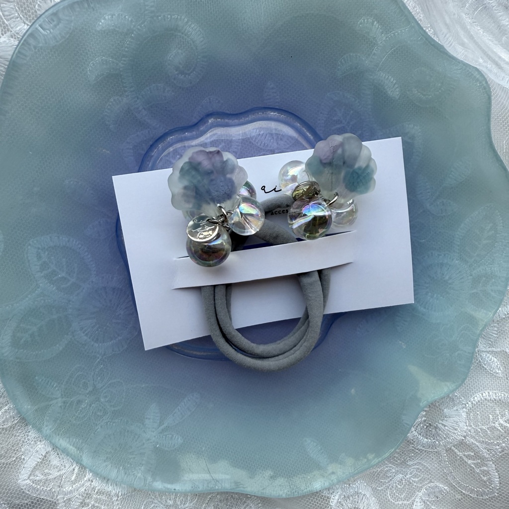 no.204 再販 マーメイドなヘアゴム 紫陽花 シェル 人魚姫 オーロラ 鈴丸ビーズ ヘアアクセサリー ヘアゴム