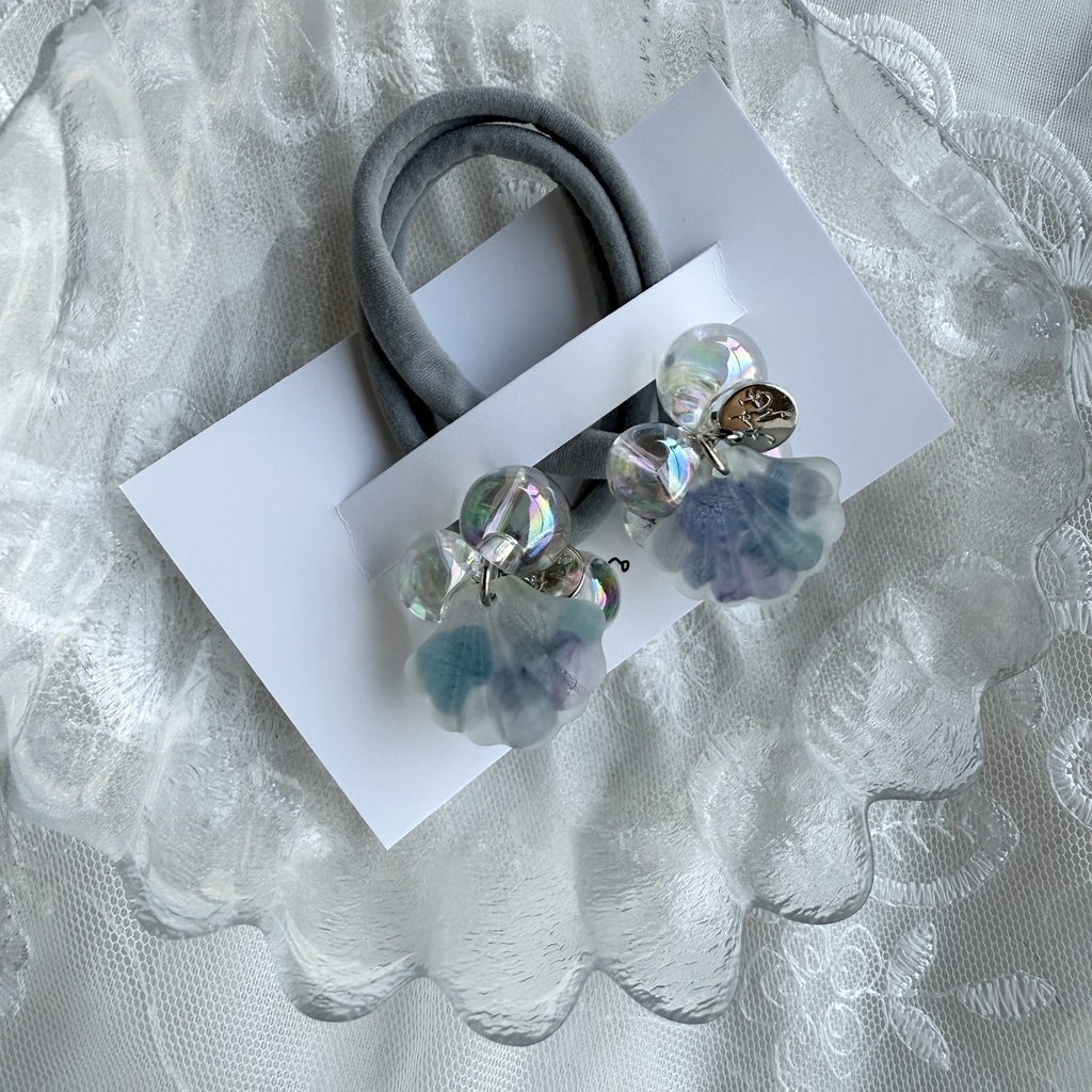 no.204 再販 マーメイドなヘアゴム 紫陽花 シェル 人魚姫 オーロラ 鈴丸ビーズ ヘアアクセサリー ヘアゴム