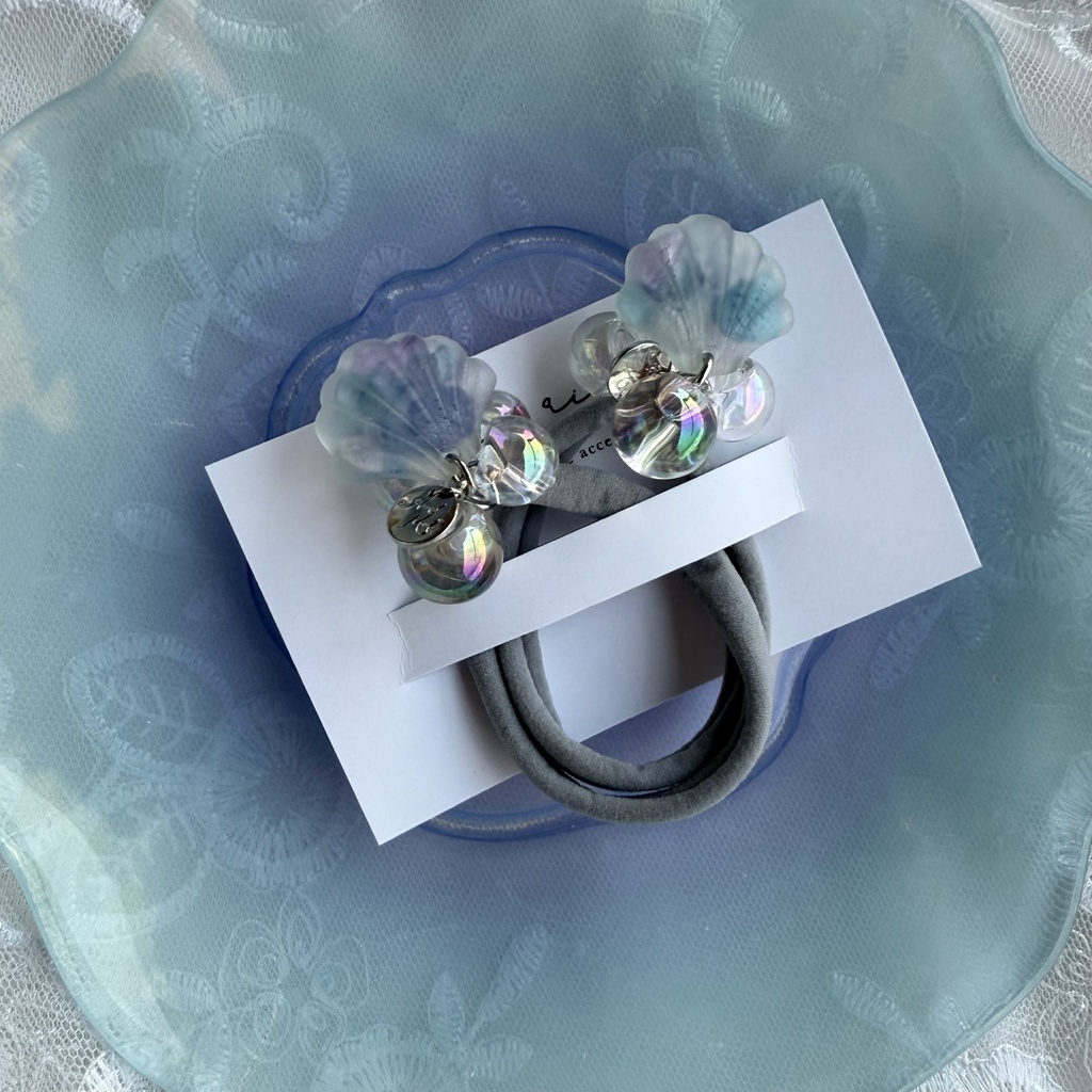 no.204 再販 マーメイドなヘアゴム 紫陽花 シェル 人魚姫 オーロラ 鈴丸ビーズ ヘアアクセサリー ヘアゴム