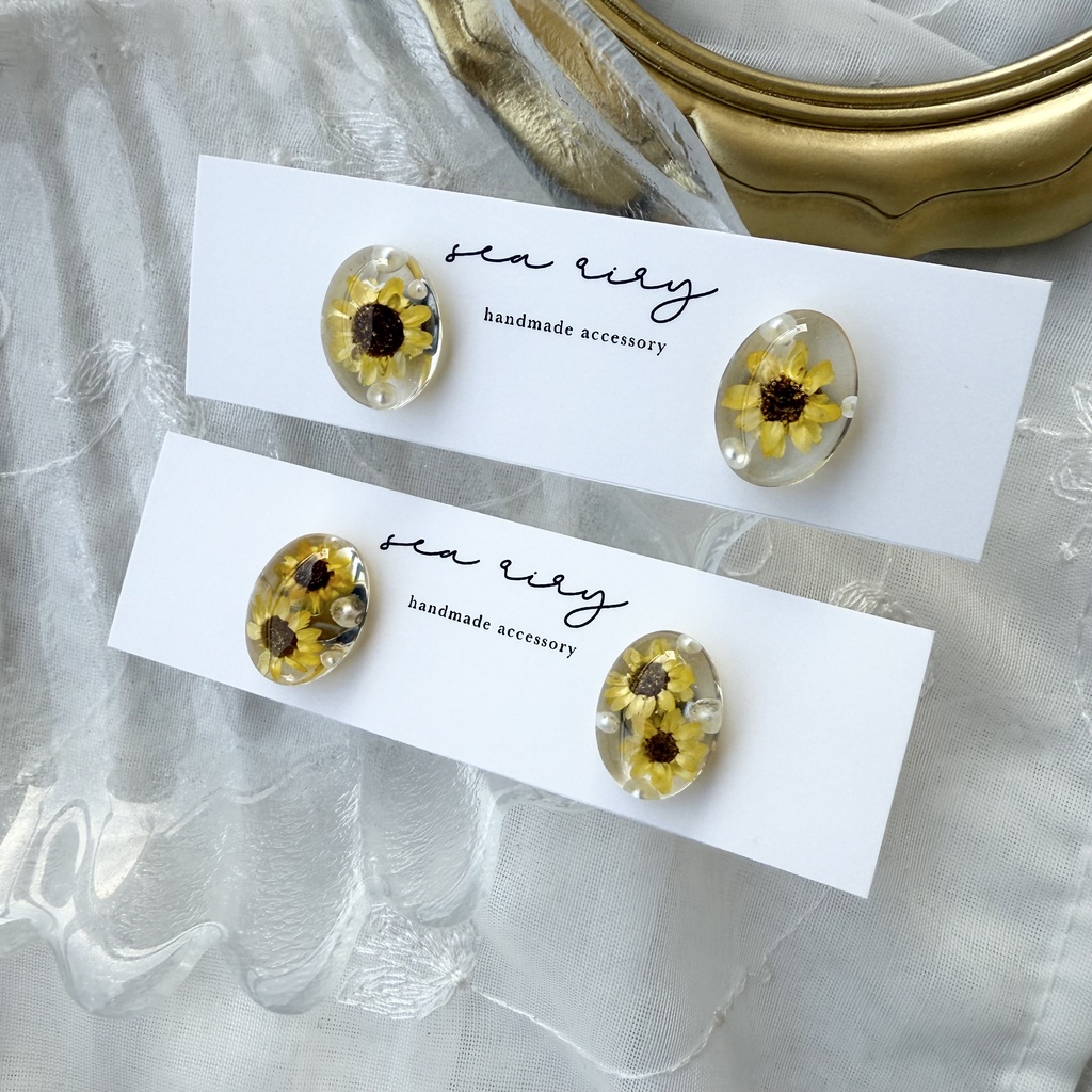 no.206 向日葵とパールのオーバルピアス ひまわり スターフラワー パール ドライフラワー オーバル ピアス