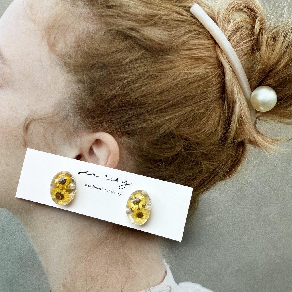 no.206 向日葵とパールのオーバルピアス ひまわり スターフラワー パール ドライフラワー オーバル ピアス