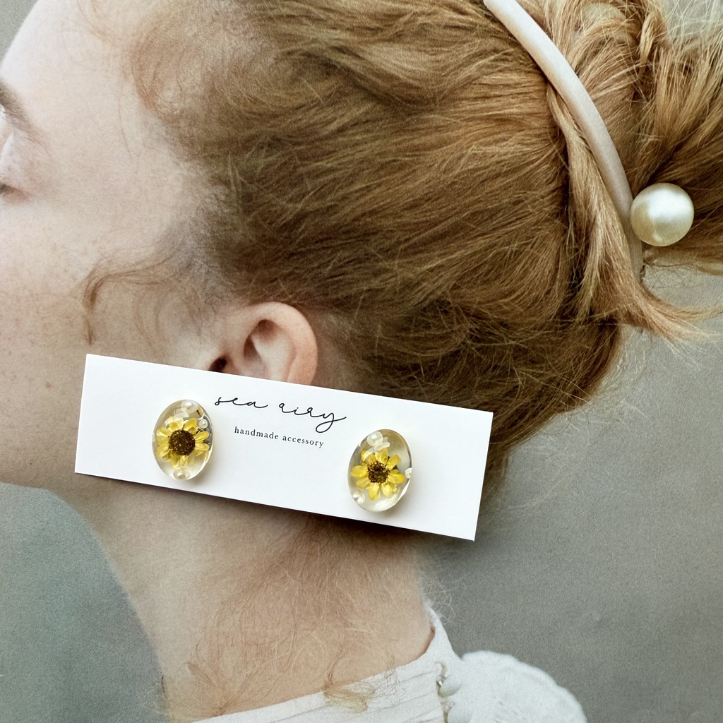 no.206 向日葵とパールのオーバルピアス ひまわり スターフラワー パール ドライフラワー オーバル ピアス