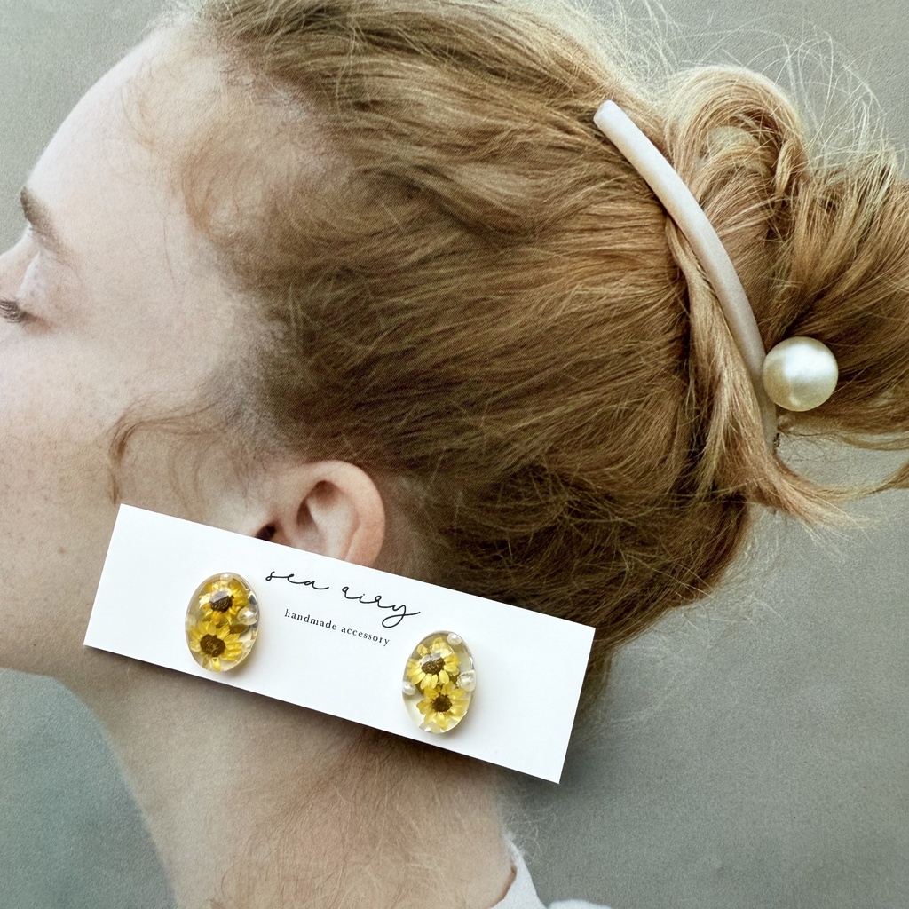 no.206 向日葵とパールのオーバルピアス ひまわり スターフラワー パール ドライフラワー オーバル ピアス