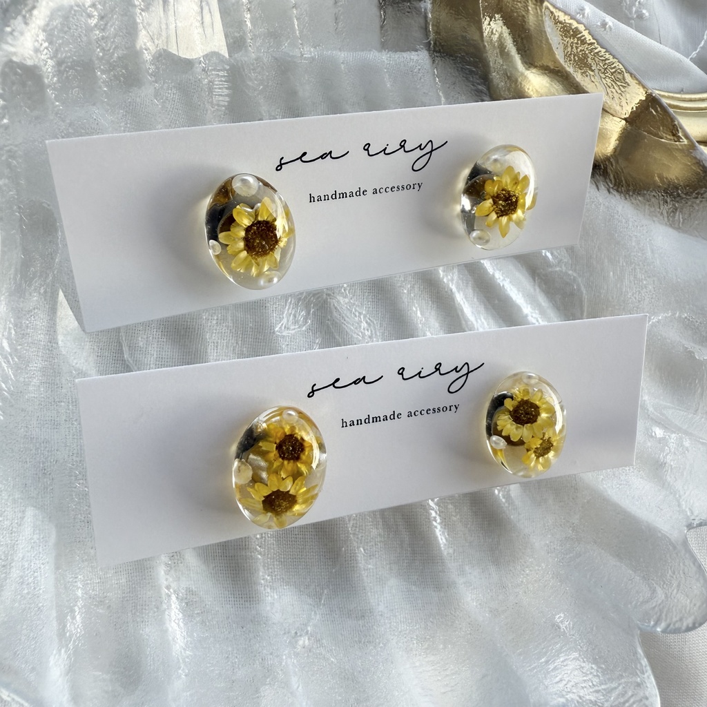no.206 向日葵とパールのオーバルピアス ひまわり スターフラワー パール ドライフラワー オーバル ピアス