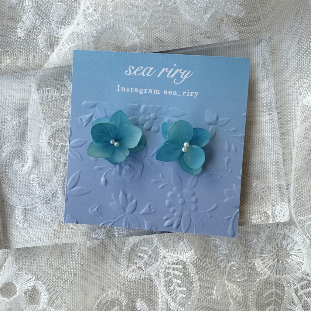 no.208 ブルーグラデの紫陽花ピアス マット加工 本物のお花 アジサイ 紫陽花 パール ステンレス ピアス